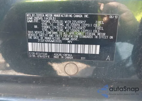 2010 Toyota Rav4 из США, поврежденный, VIN 2T3ZF4DV6AW039305